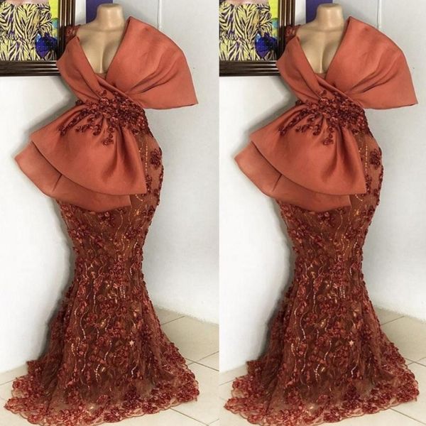 Big Bow Estilo Prom Dresses Dark Red Plus Size Mermaid Evening vestidos de cetim e renda Africano Formal vestido de festa