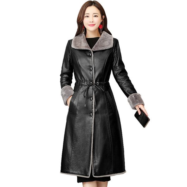 

long leather jacket women lambswool coat plus size 5xl long sleeve slim leather jacket elegant warm thicker q1012, Black