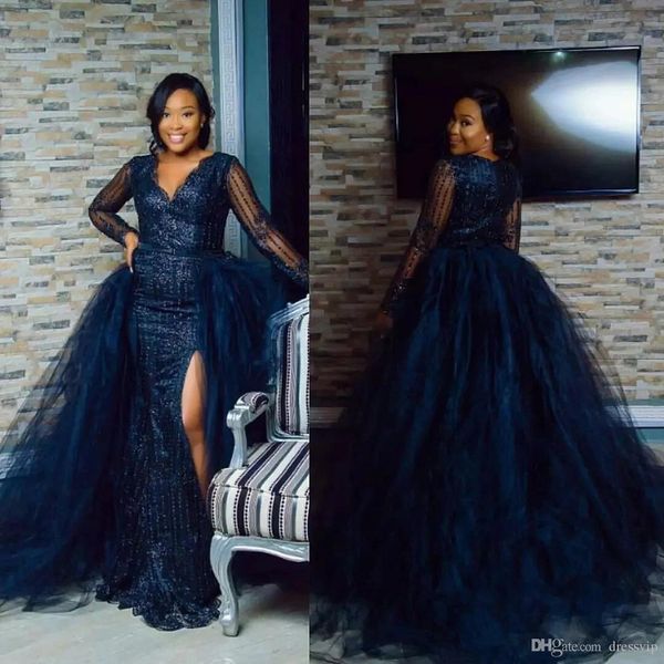 

stunning sequins prom dresses 2019 detachable train v neck side split long sleeve evening gowns plus size african pageant party dress wear, Black;red