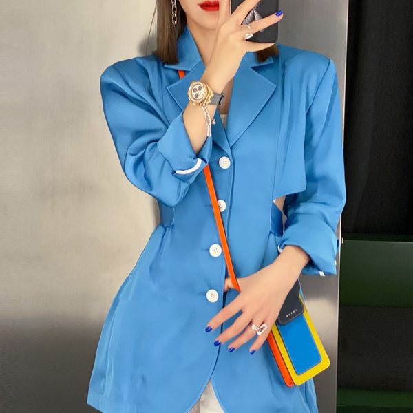 

ewq] 2020 осень новых сладкие женщин куртка с длинным рукавом насечек шеи однобортный дамы офис пальто hollow костюмов моды outwear, White;black