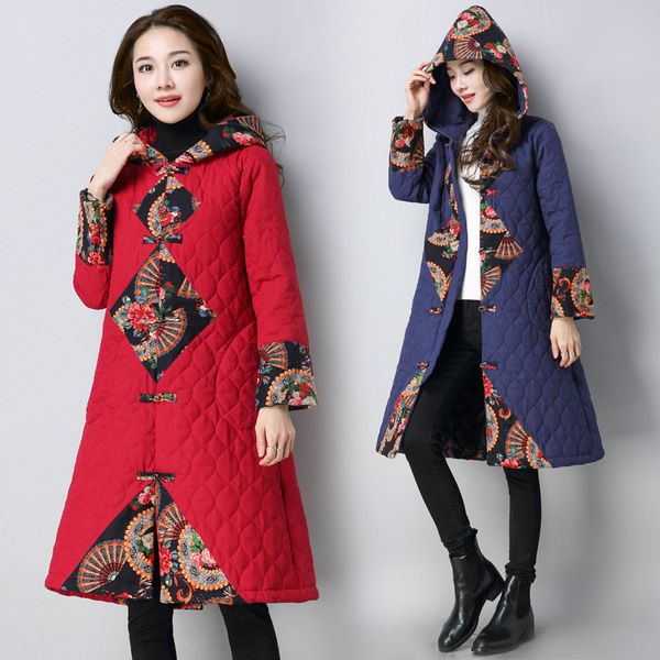 

3505 p shoot 2019 autumn and winter new style ethnic-style frog applique hooded long thick cotton linen cotton overcoat wome, Blue;black