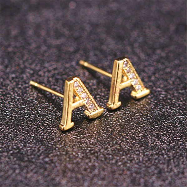 

doreenbeads new fashion jewelry 26 letters alphabet mosaic gold color rhinestone ear stud earring for women girl 1 pair, Golden;silver