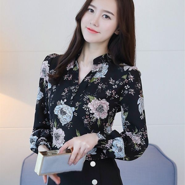 

new fashion female stand collar floral print thin blouses button spring casual lantern sleeve slim chiffon shirts, White