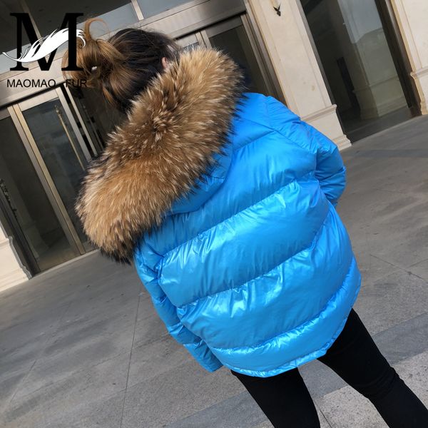

women winter jacket glossy fabric golden silver big real fur collar hooded down coat female two face wear warm down parkas, Black