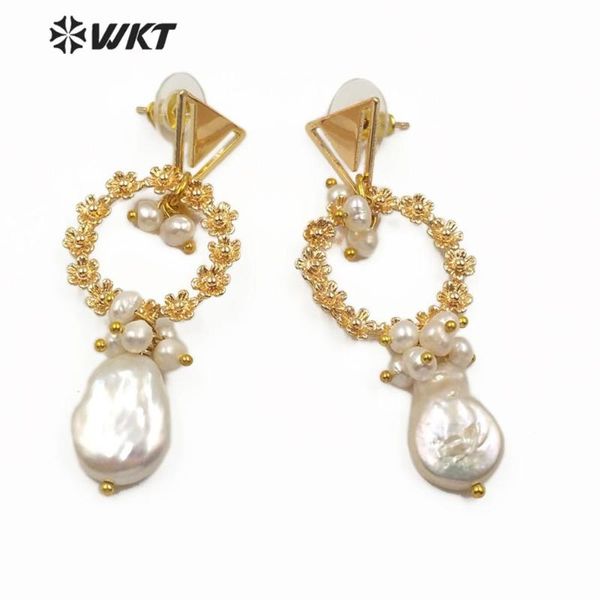 

mpe011 new natural fashion white freshwater pearl long dangle earrings women d wire wrapped pearl earrings, Silver