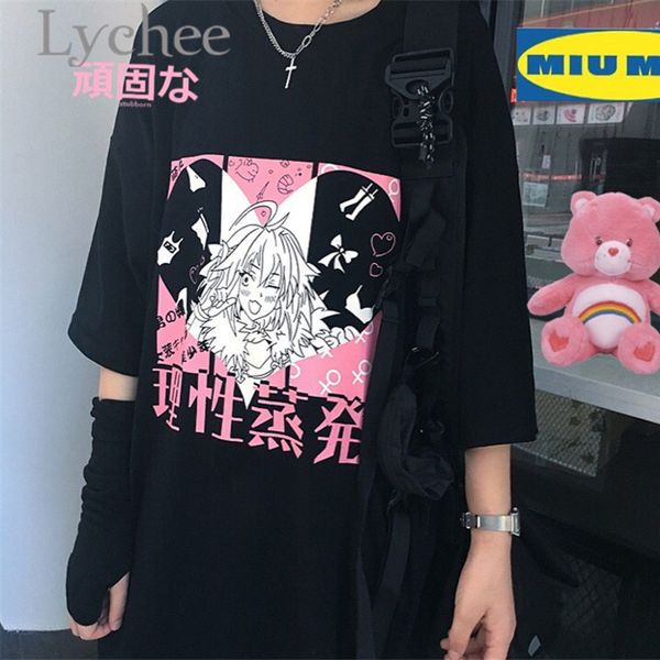 

lychee streetwear japanese girl heart print women tees t-shirt short sleeve crew neck loose spring female t shirts, White
