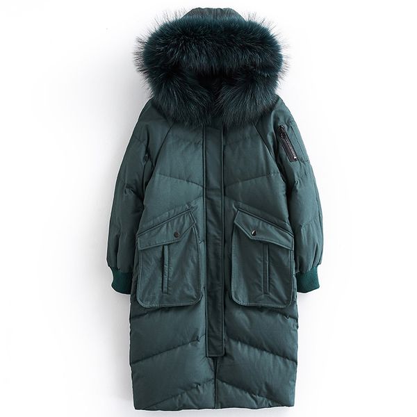 

thickening winter down jacket women natural raccoon large fur collar down jacket female print hooded parka 2018 womens coat, Black