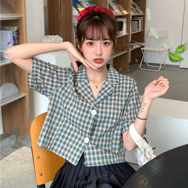 

summer new plaid fashion brand women's clothing vintage blouses preppy style shirts crop ladies blusas mujer de moda, White