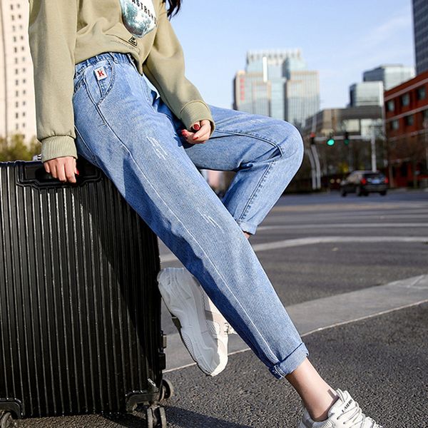 

casual plus size jeans women loose high waist mom jeans wide leg pants student high waist women clothes 2020 new fashion, Blue