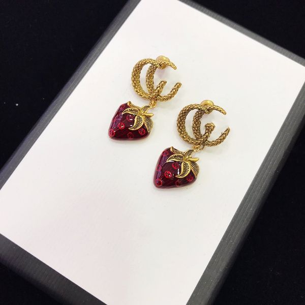 

strawberry stud earrings with a retro nostalgia in the sweetness classic distressed brass material with s925 sterling silver pin earrings, Golden
