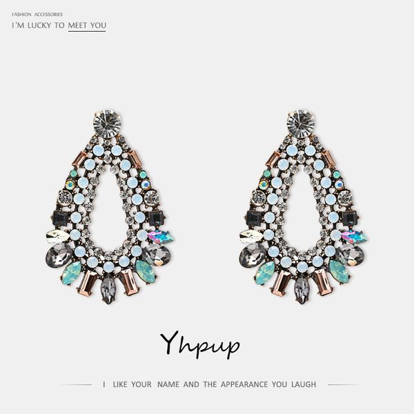 

yhpup fashion brand luxury rhinestone crystal geometric dangle earrings colorful glass oorbellen for bride women party jewelry, Silver