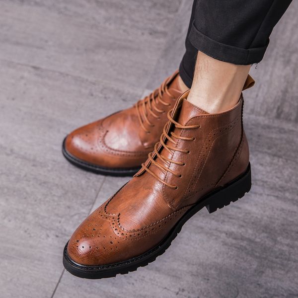 

High Top Mens Martin Boots brogue England Style Solid Boots lace up outdoor Flock Rubber Winter Men's Ankle Boots Shoes, Brown