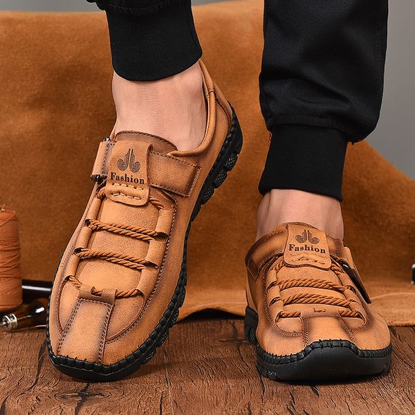

spring and autumn new hand-sewn leather shoes quality fashion men's shoes casual outdoor men's large size light non-slip, Black