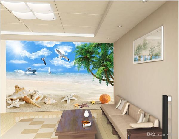 

3d room wallpaper custom p non-woven mural seaside coconut palm blue sky white clouds yacht beach shell murals wallpaper for walls 3 d