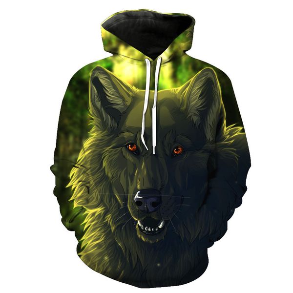 

foreign trade digital wolf printing with hat pocket pullover sanitary clothes men's tide hat sanitary clothes, Black