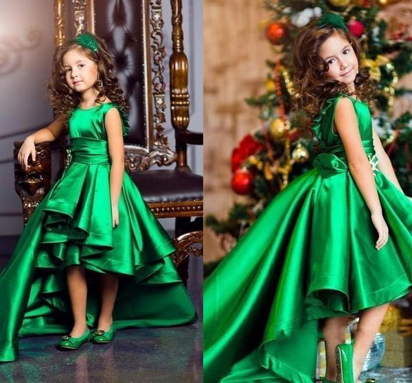 

2020 stunning emerald green taffeta girls pageant dresses crew neck cap sleeves short kids celebrity dresses high low girls formal wear gown