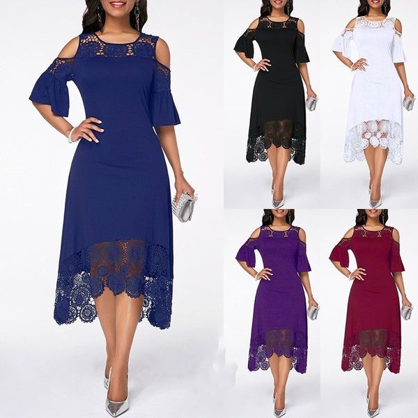 

plus size 5xl 5 colors women casual dress summer lace patchwork cold shoulder short sleeve irregular party dresses vestidos, Black;gray