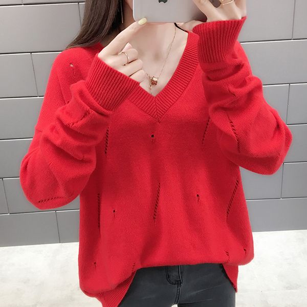 

2019 new arrival autumn pullover v-neck women's sweater female loose knitwear sweater, White;black