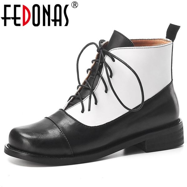 

fedonas women autumn winter lace up genuine leather ankle boots mixed colors short riding boots fashion party casual shoes woman, Black
