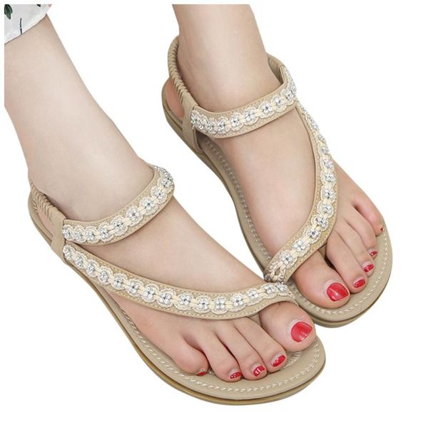 

women ladies crystal casual flat with elastic band slippers bohemian style lady summer beach shoes sandals sandalias de mujer, Black