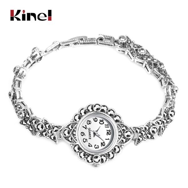 

kinel 2019 new fashion antique silver women's watches bright black crystal bracelet watch luxury vintage jewelry wholesale, Slivery;brown