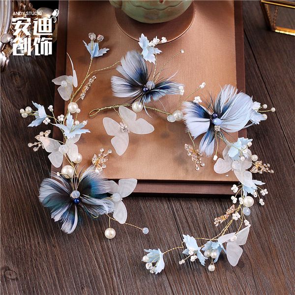 

handmade sweet princess new feather butterfly flower super fairy blue headband clockwork bridal headdress wedding accessories, Golden;white