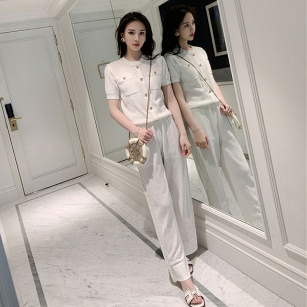 

women golden button hollow out knitting pullover +wide leg pant 2pcs set knitted short sleeve knit trousers clothing suit, White