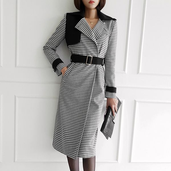 

houndstooth coat women autumn slim fit check plaid wool blends midi coat jacket with belt, Black