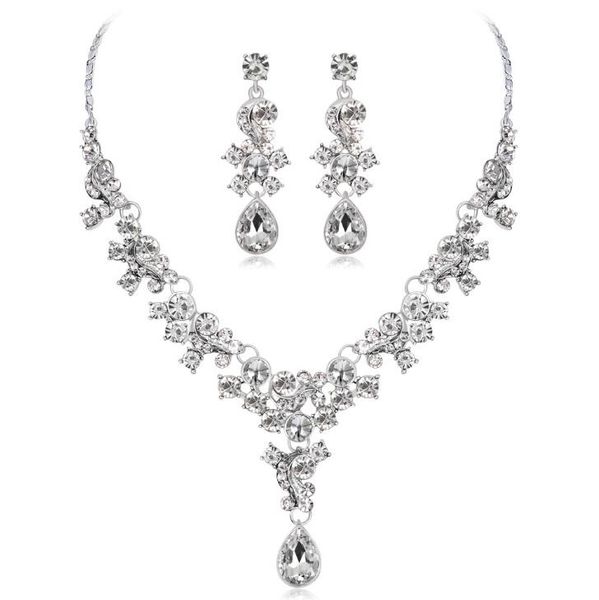 

bridal broken tricolor water drill necklace and earrings jewelry set gifts fit with wedding dress ing, Silver