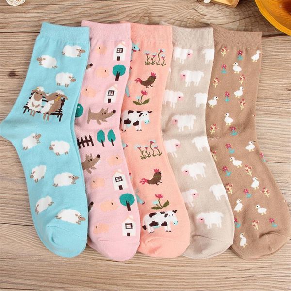 

fouretaw 1 pair cute chic cartoon sheep cock dog duck pattern women socks creative cotton funny socks for female girls ladies, Black;white