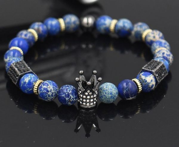 

8mm ggh2 gold silver copper cz zircon cubic zirconia elastic adjusted charm lapis lazuli nature stone agate onyx crown bracelet, Black