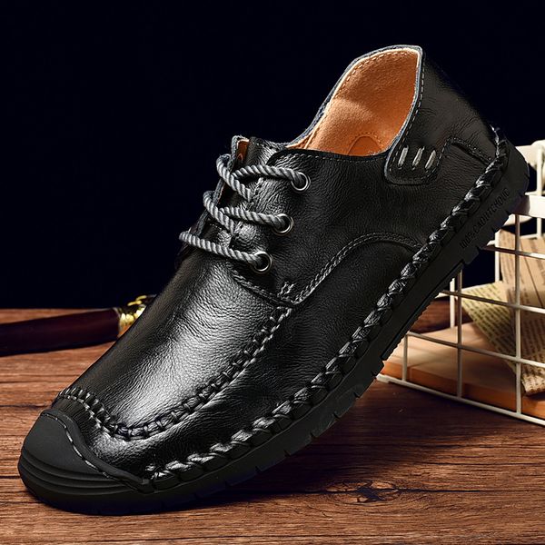 

fashion men shoes comfortable genuine leather shoes handmade sewing casual man flats design man walking soft, Black