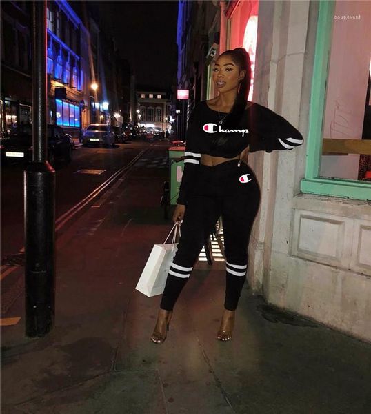 

2 piece pants suit black big c letter print ladys bare midriff 2pcs women casual, White