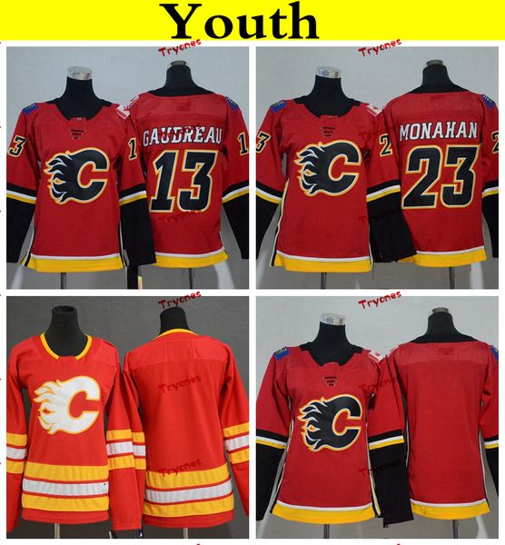 

youth calgary flames 2019 13 johnny gaudreau 23 sean monahan hockey jerseys home team red womens kids girls boys stitched shirts, Black;red