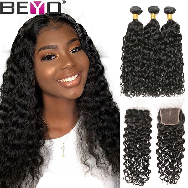 

волна воды связки с закрытием сырое девственницы индийский волос человеческих волос пучки с closure remy выдвижения волос шнурка закрытие па, Black;brown