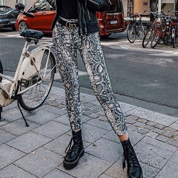 

snake print skinny trousers women bodycon long pants snakeskin print high waist stretch pants trousers women summer, Black;white