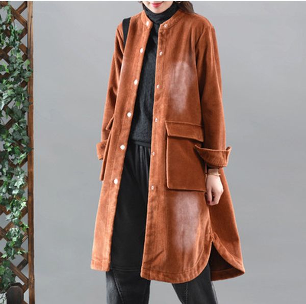 

winter new retro cotton corduroy and velvet coat stand collar big pocket women parkas coat jacket l1979, Black