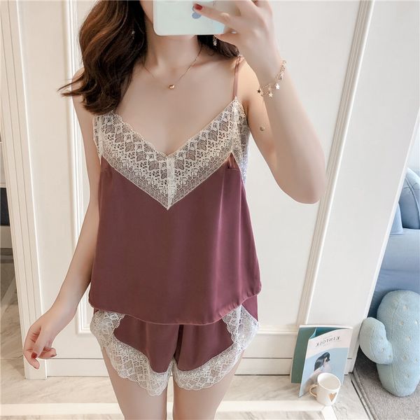 

lisacmvpnel ice silk patchwork lace pajamas breathable spaghetti strap female pyjama for women, Blue;gray