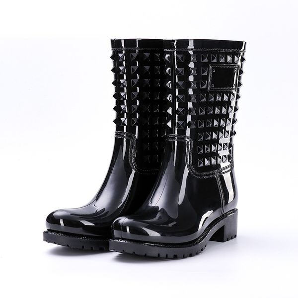

women boots spring summer rainboots mid-calf woman shoes big size non-slip waterproof female footwear rivet pvc rain boots new, Black