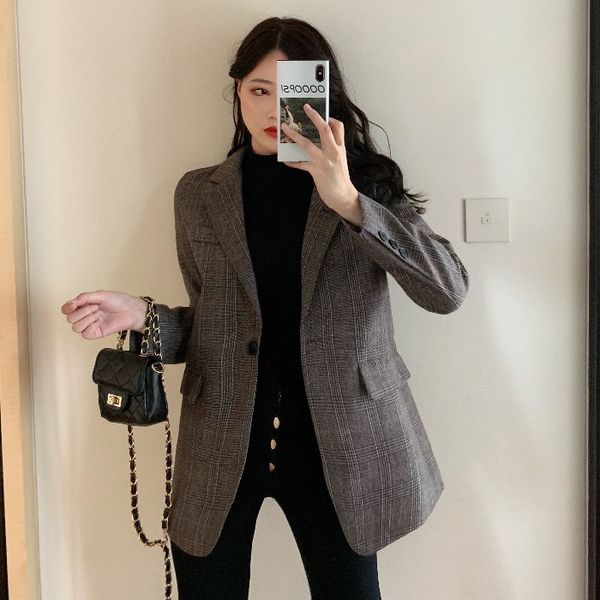 

mlxslky fashion lapel long-sleeved plaid suit women autumn and winter retro one buckle casual suit jacket with belt coat blaze, White;black