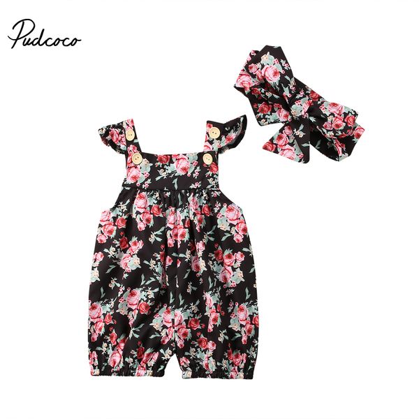 

brand new baby girl newborn romper floral print cotton jumpsuit headband outfit sleeveless summer rompers new stylish clothes, Blue