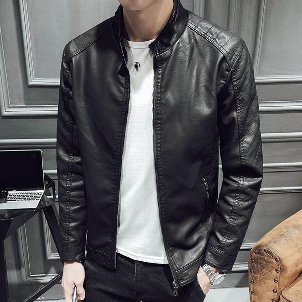 

2019 spring autumn hooded men's korean version handsome slim long pu leather jacket collar casual thick chinese style black