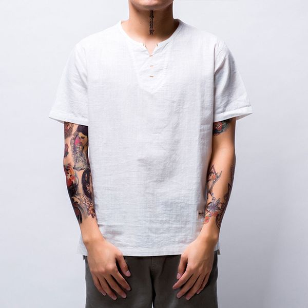 

vogue fashion men's cotton linen solid color short sleeve retro shirts blouse linen shirt male, White;black