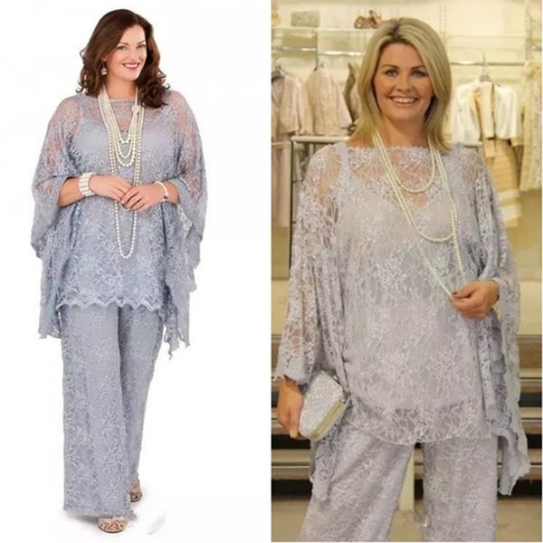 

кружевные аппликации матери невесты брючные костюмы 2019 элегантные длинные рукава три куска серебристо-серый свадебное платье для гостей пл, Black;red