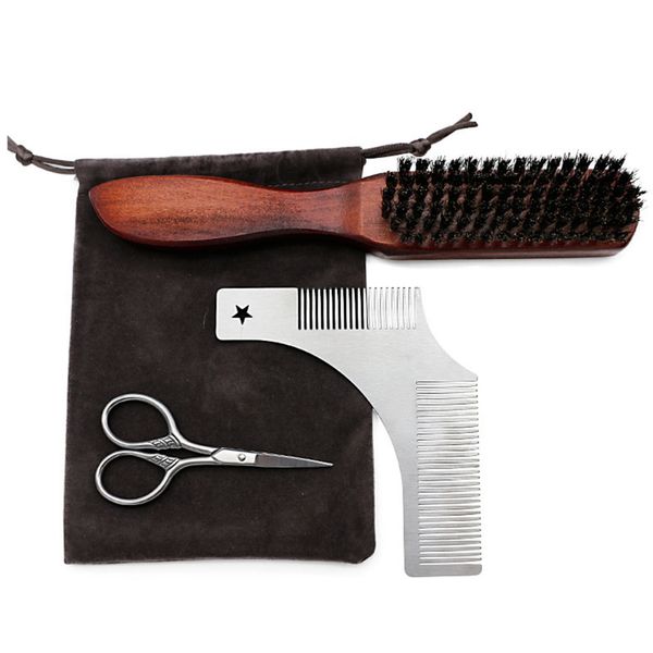 

genuine 3 pcs/set two sided comb mini scissors beard brush combs beard grooming kit with bag for men shaving mustache hair, Silver