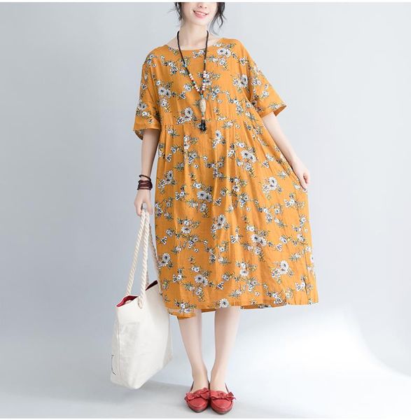 

2020 summer women's dress plus size loose floral plaid chinese style print cotton linen dress casual female baggy dresses, Black;gray