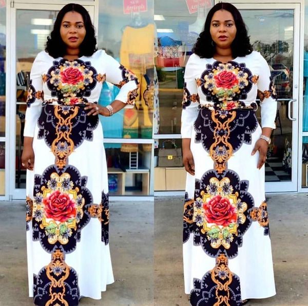 

crew neck floral print sashes floor length casual apparel fashion style female clothing womens summer designer dresses sveen sleeve, Black;gray