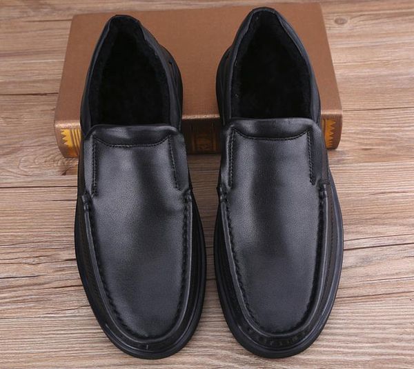 

winter wool thermal non-slip thick soles for men's shoes leather versatile business casual shoes, Black