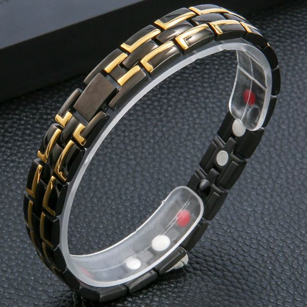 

12mm wide stainless steel bracelet men accesories braslet 4 in 1 health magnetic germanium stone mens bracelets 2020 jewellery, Black