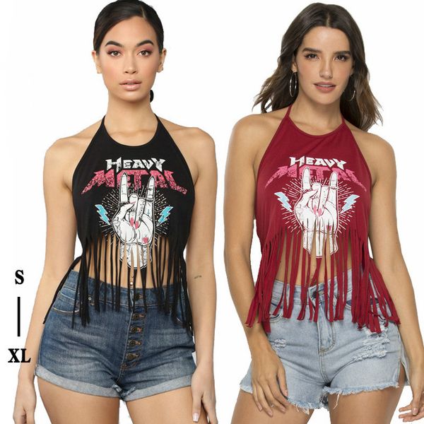 

fashion women's t-shirt tight exposed navel halter tassel print summer new hanging neck t-shirt size s-xl-2, White